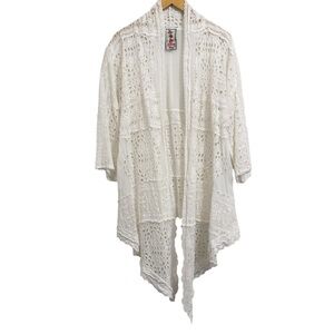 Johnny Was White Boho Eyelet Open Front Kimono Cover Up XS